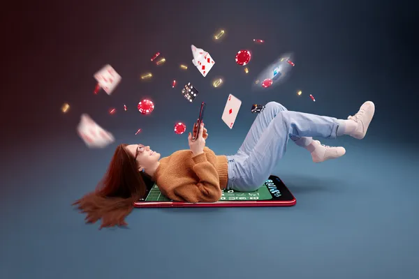A glamorous woman holding casino chips in a neon-lit environment, representing the premium online casino atmosphere of 7000BET.